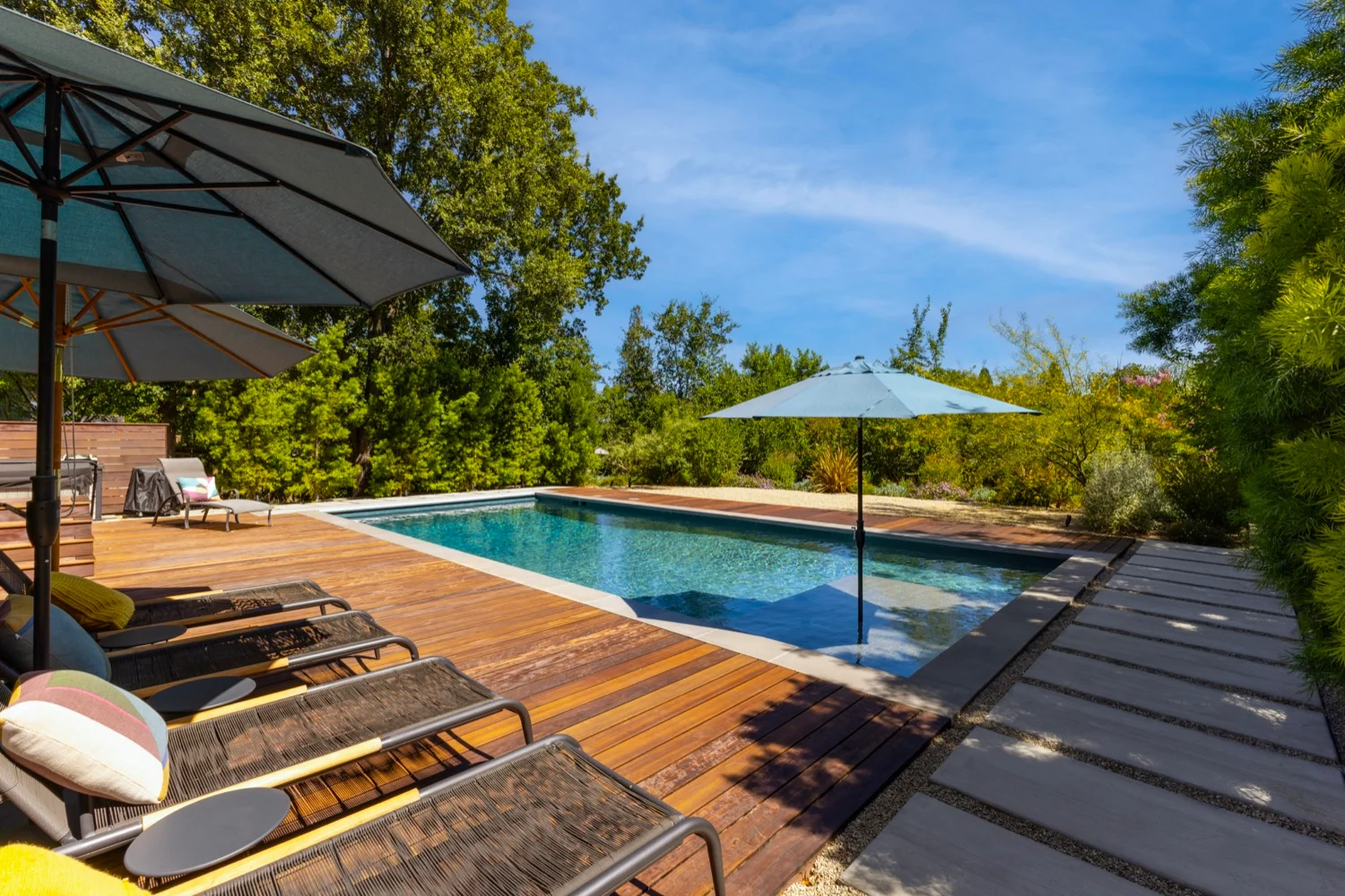 Wide view of the San Miguel backyard pool and deck
